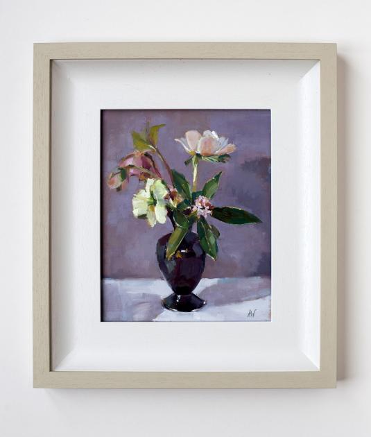 Hybrid Gallery Annie Waring Hellebore, Daphne & Anemone in a Claret Glass Vase