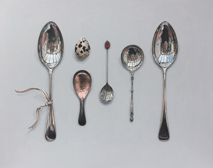 Hybrid Gallery Rachel Ross Arranged Spoons with Quail's Egg and Striped Ribbon