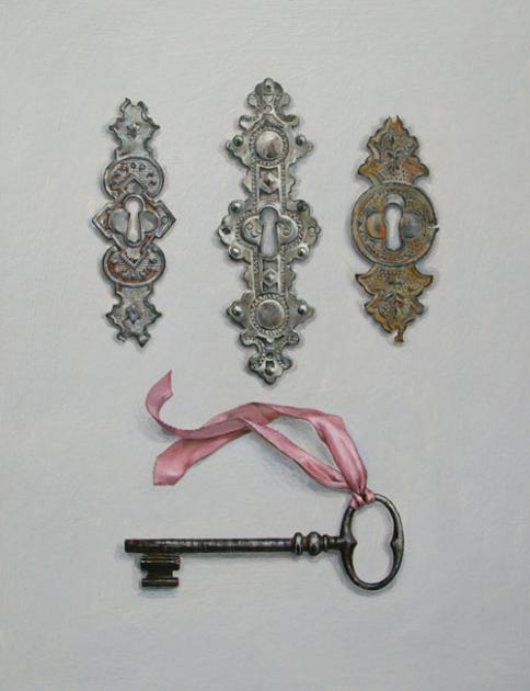Escutcheons with Key and Pink Silk