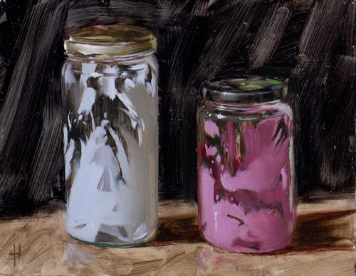 Jars with Pink and White Paint